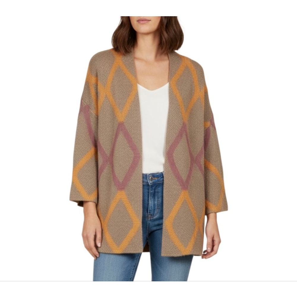 Kori America S/M Tan Brown Orange Pink Diamond Pattern Open Front Cardigan Women
